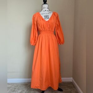 J.Crew V Neck Midi Dress Womens XS Orange Poplin 3/4 Sleeve